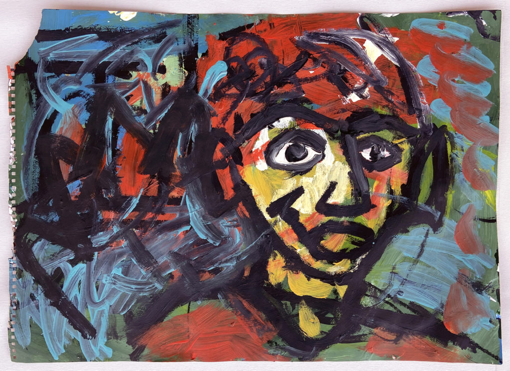 Self-portrait, acrylic on paper, 50 by 65 cm, 2020
