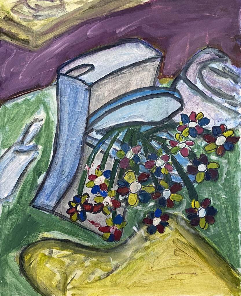 Toilet with Flowers, acrylic on canvas, 150 by 100 cm