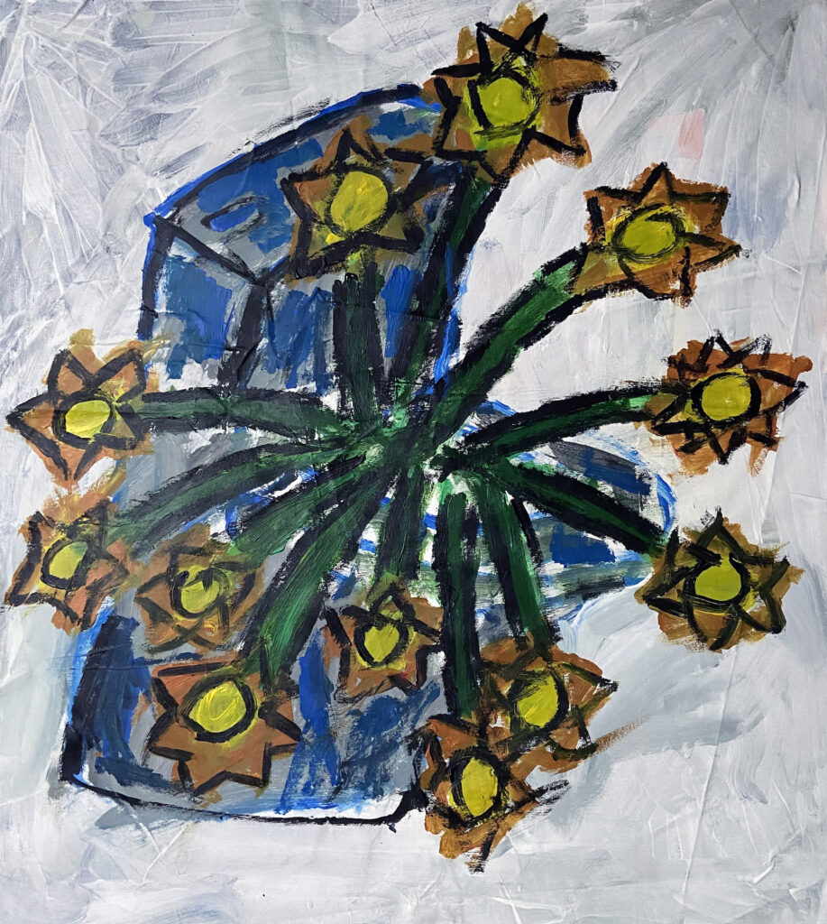 Toilet with Sunflowers, acrylic on canvas, 70 by 50 cm