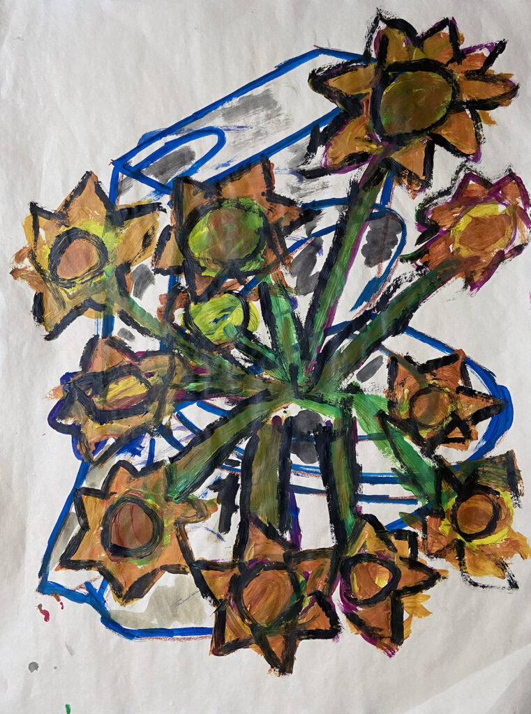 Toilet with Sunflowers, acrylic on paper, 70 by 50 cm